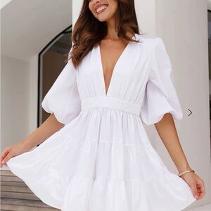 Hello Molly White Plunge V-Neck Puff Sleeve Mini Dress